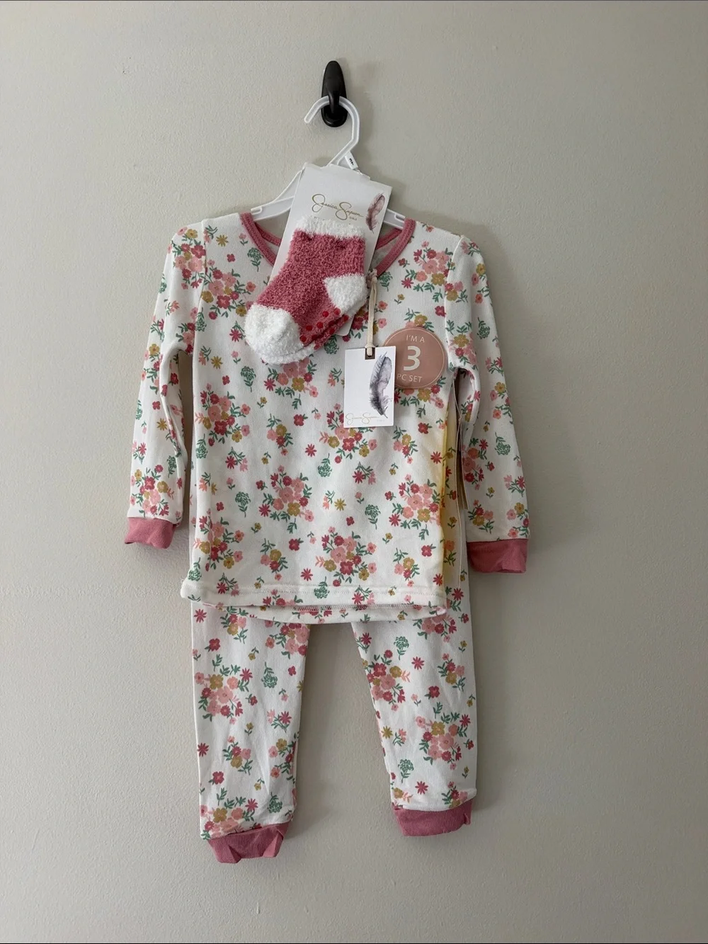 Jessica Simpson Pink Floral Kids Pajama Set with Cozy Socks